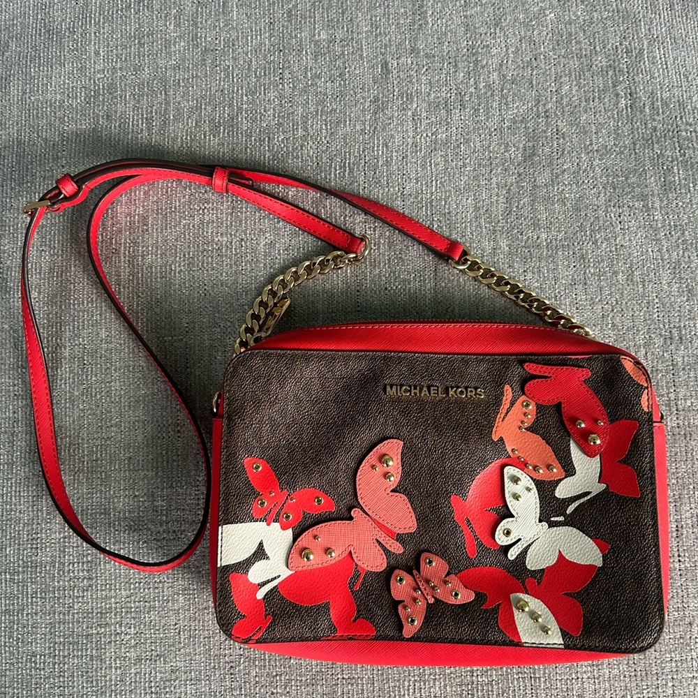 Michael Kors Butterfly Shoulder Bag Brown Red Leather Women's